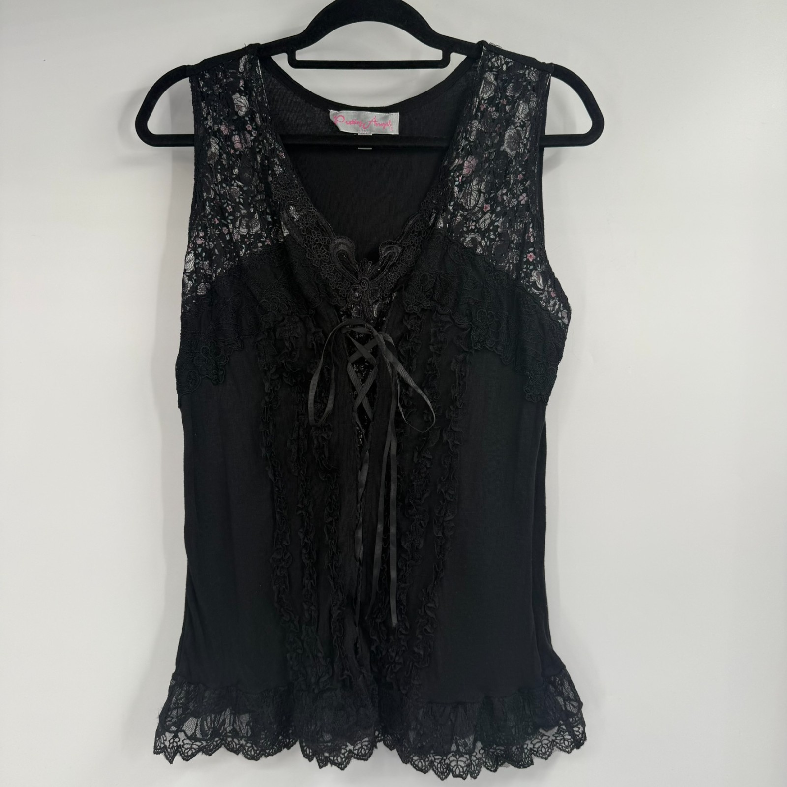 Pretty Angel Lace Up V-Neck Cami Tank Top Womens XL Black Silk Blend Ruffle Trim