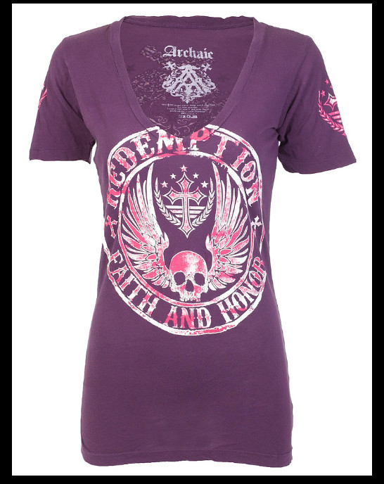ARCHAIC by AFFLICTION Purple KILLER REBEL Sinful Womens Short Sleeve T-shirt NWT