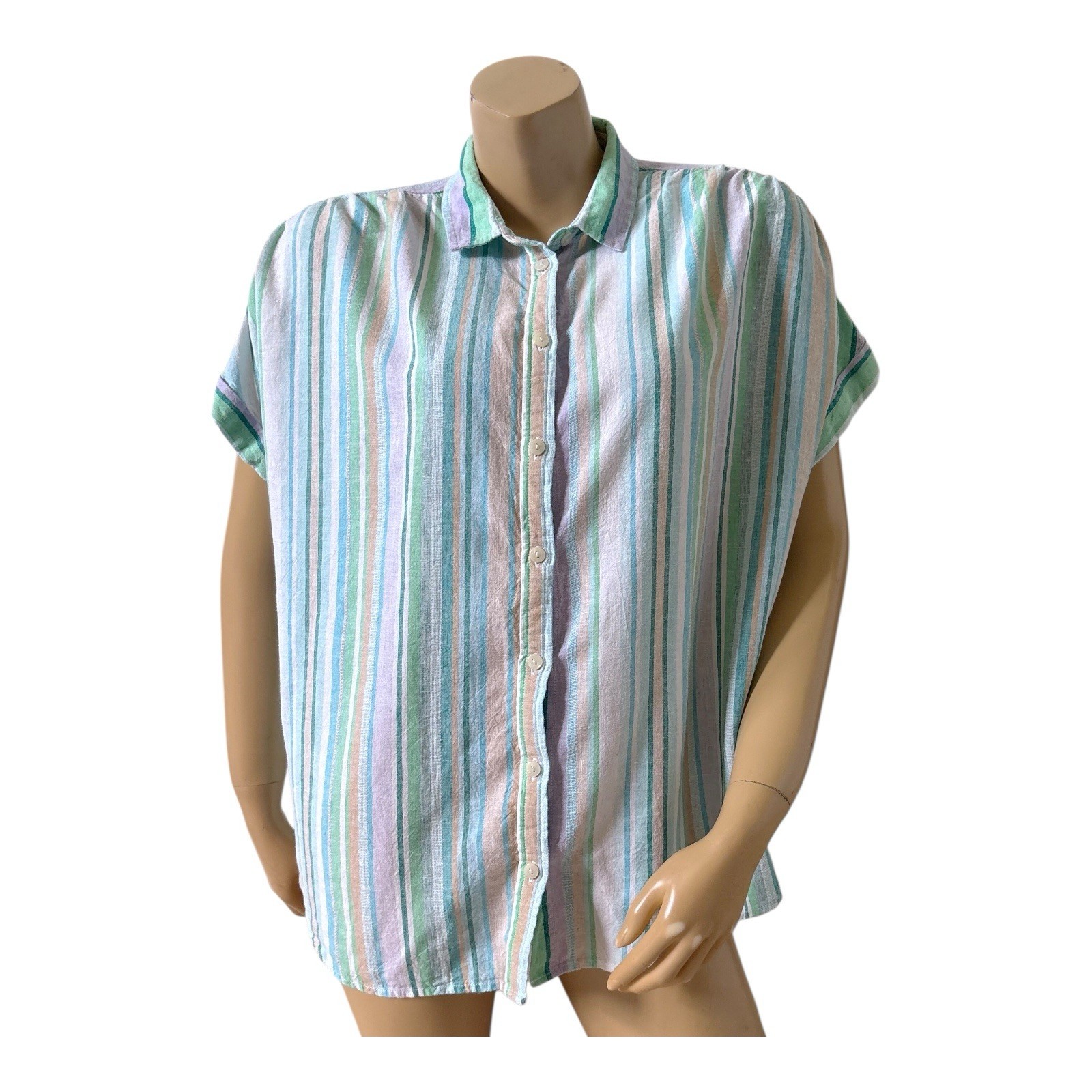 Time and Tru Button Front Blouse Womens Large Striped Linen Lyocell Short Sleeve