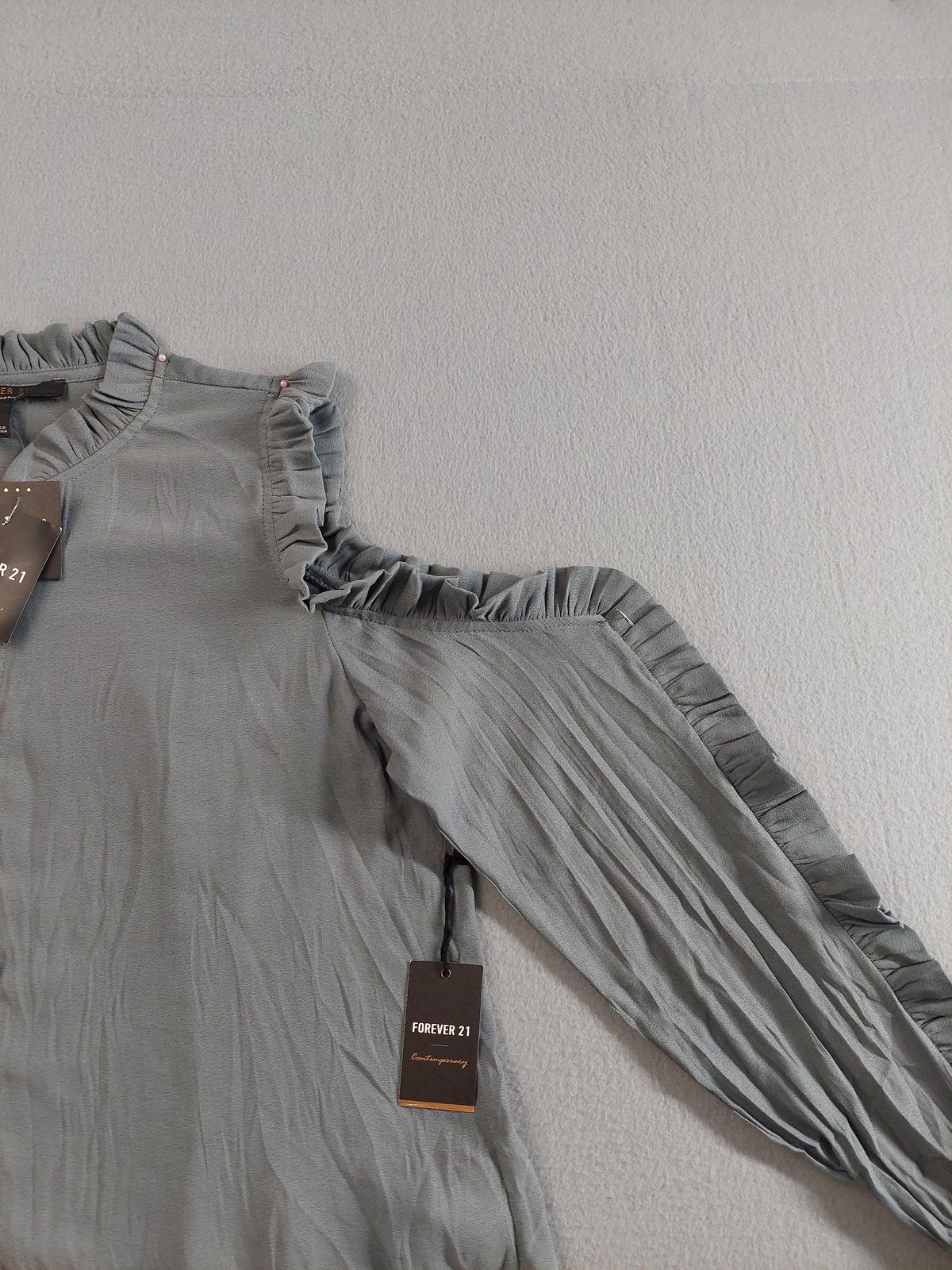 Forever 21 Shirt Womens Small Dusty Blue Cold Shoulder Ruffle Long Sleeve Top