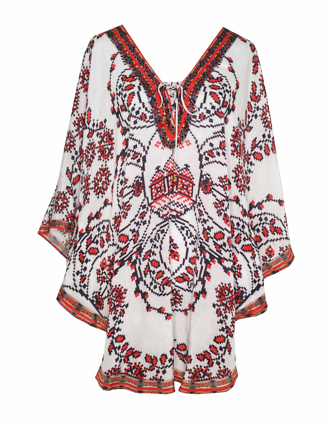 SAKKAS Tallulah Circle Blouse Poncho Lightweight Red White Rhinestone Tunic EUC