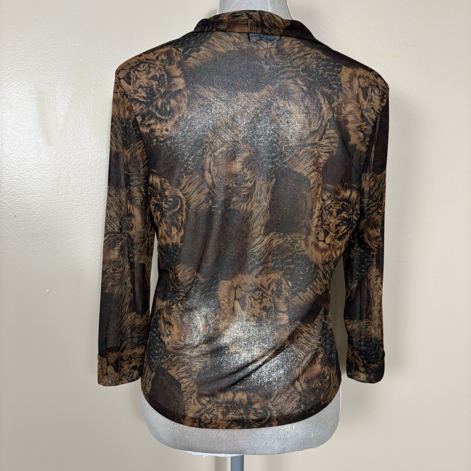 My Michelle Sheer Big Cat Print Button Up Top Tiger Lion Brown Black Y2K