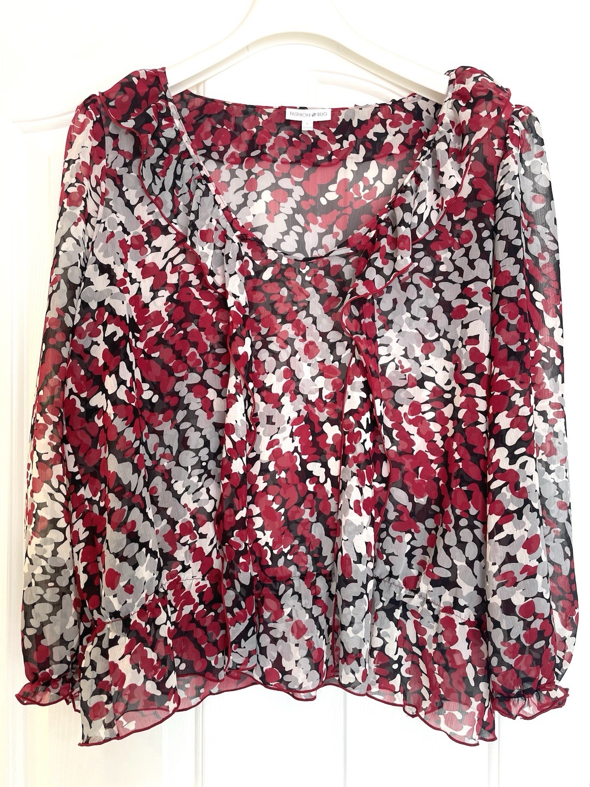 Fashion Bug Y2K Abstract Red, Black, Grey, White Ruffled Tie-neck Blouse Size L