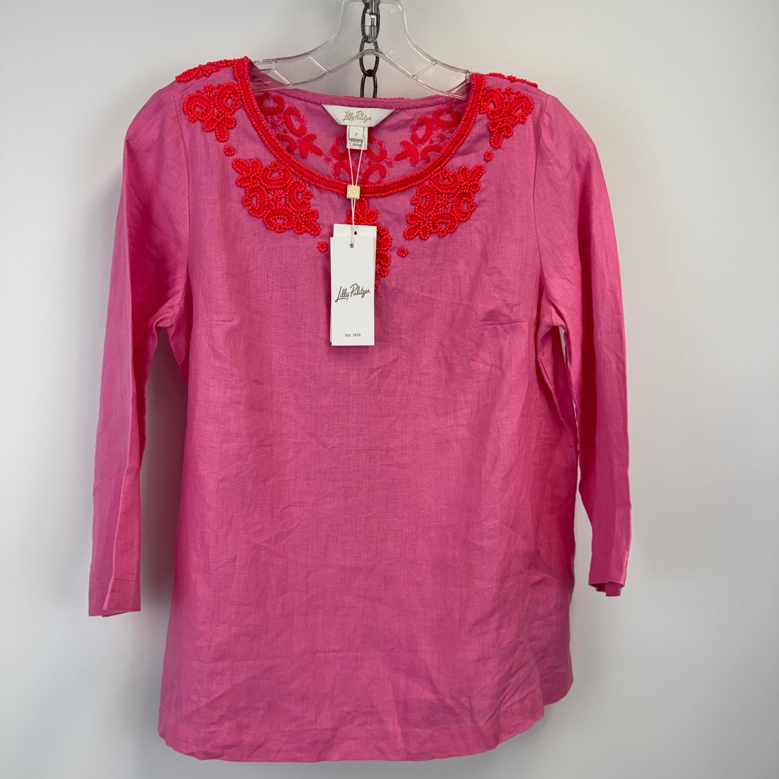 Lilly Pulitzer Ellyn Beaded 3/4 Sleeve Lagoon Linen Top Size 2 Confetti Pink NWT