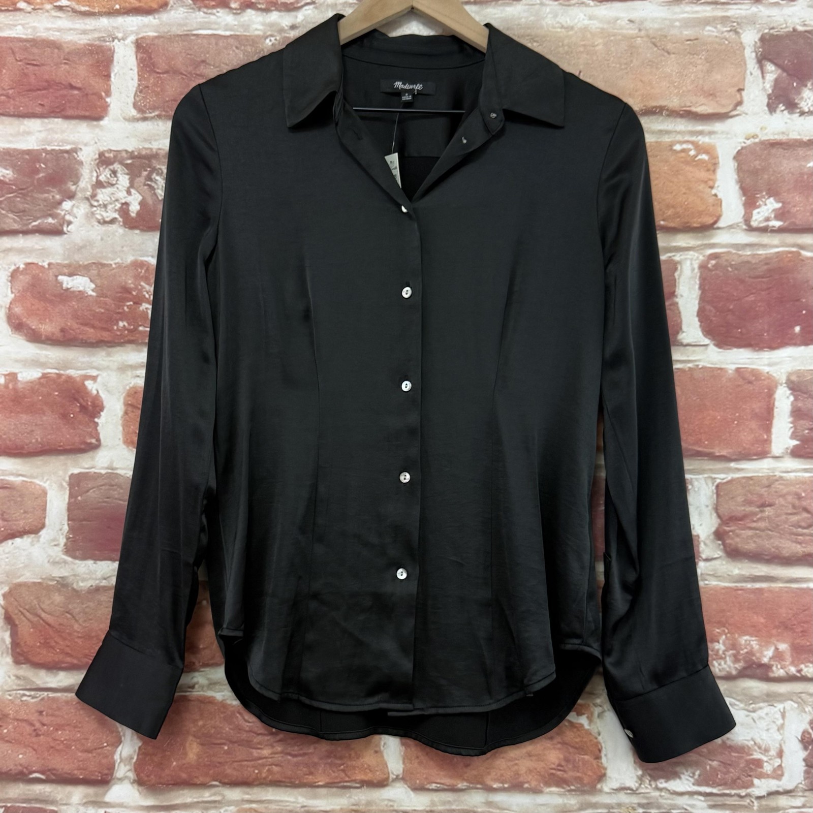 Madewell Top Womens 0 Plain Black Satin Casual Career Button Front Shirt
