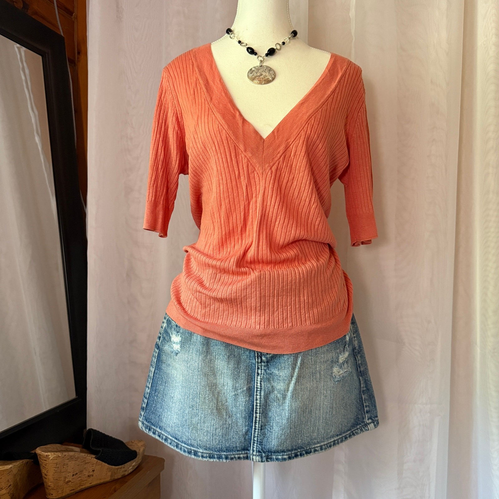 Talbots Silk Linen Top Womens L Peach Ribbed V Neck Short Sleeve Blouse
