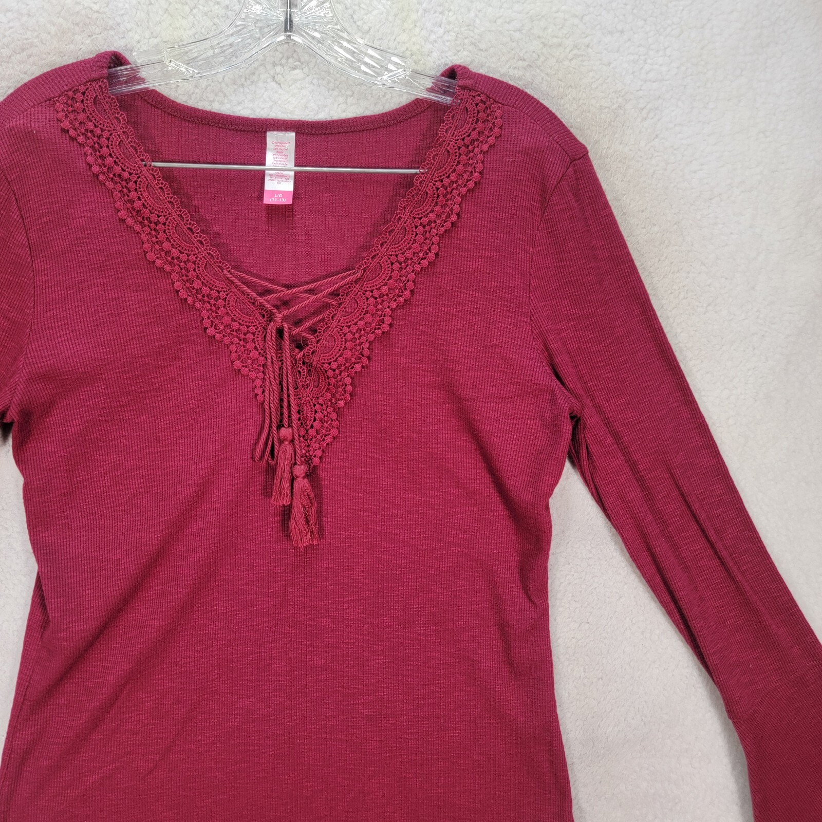 Burgundy Knit Womens Top Stretch Tassel V Neck Flare Sleeve Casual Blouse Size L