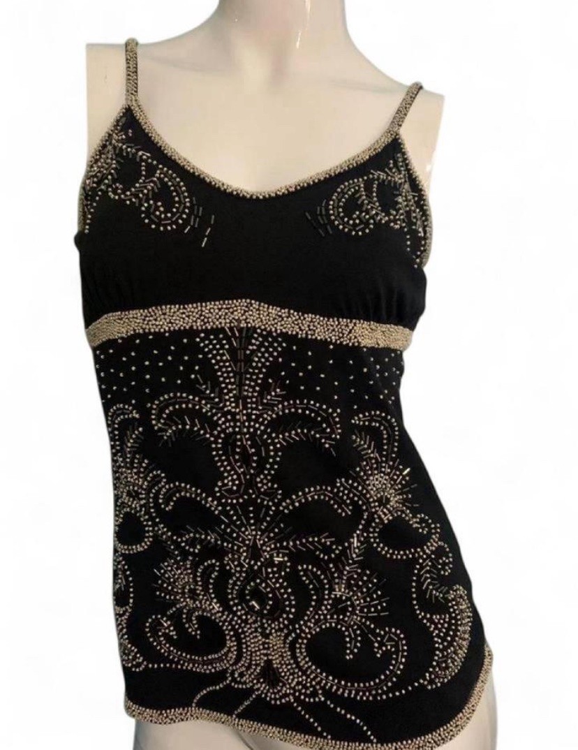 Y2K Twisted Heart Heavily Beaded Black Spaghetti Strap Top Size Small