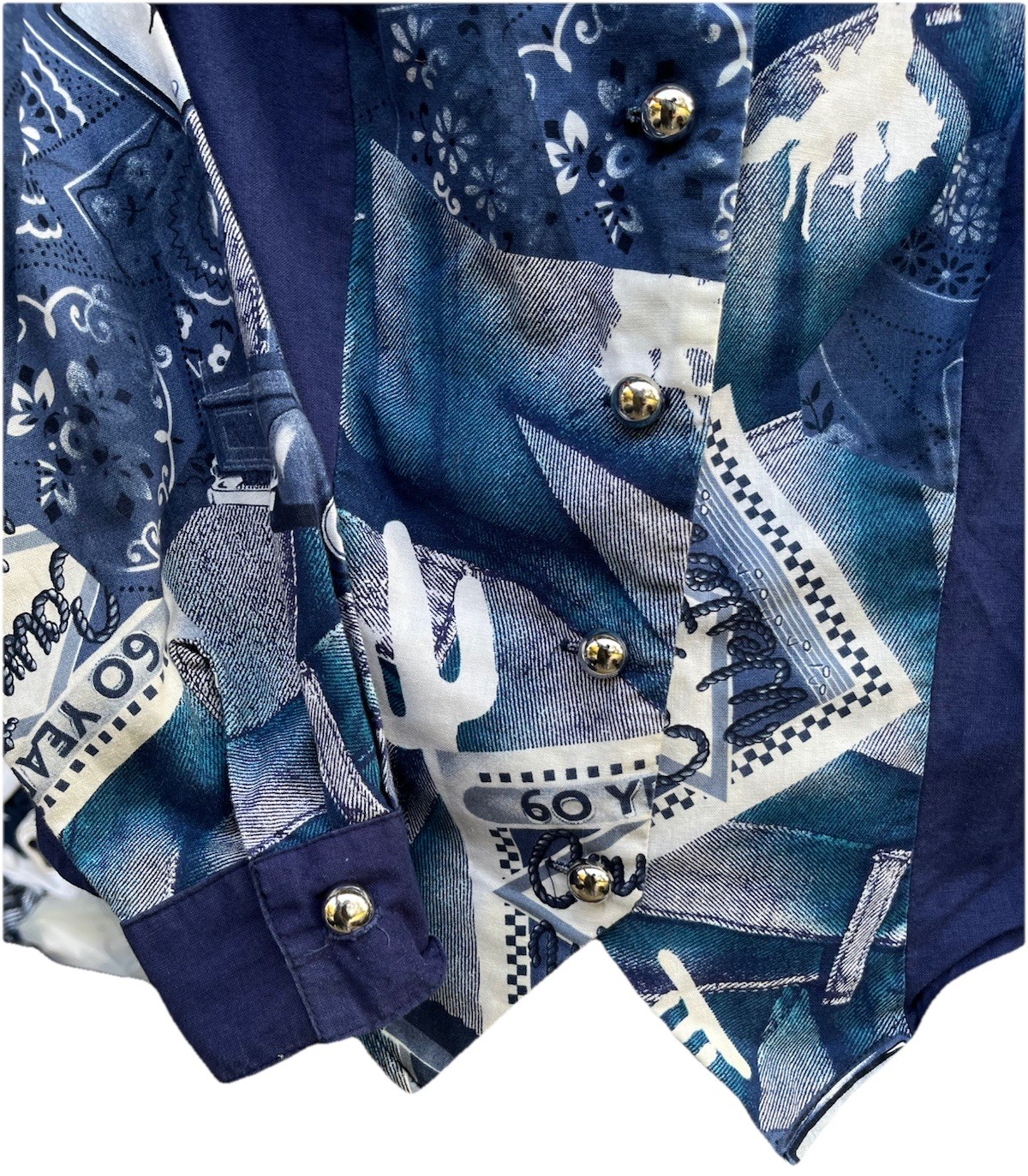 VTG 80s Banjo Cropped Western Shirt Women’s L Blue White Rodeo Cowgirl RARE