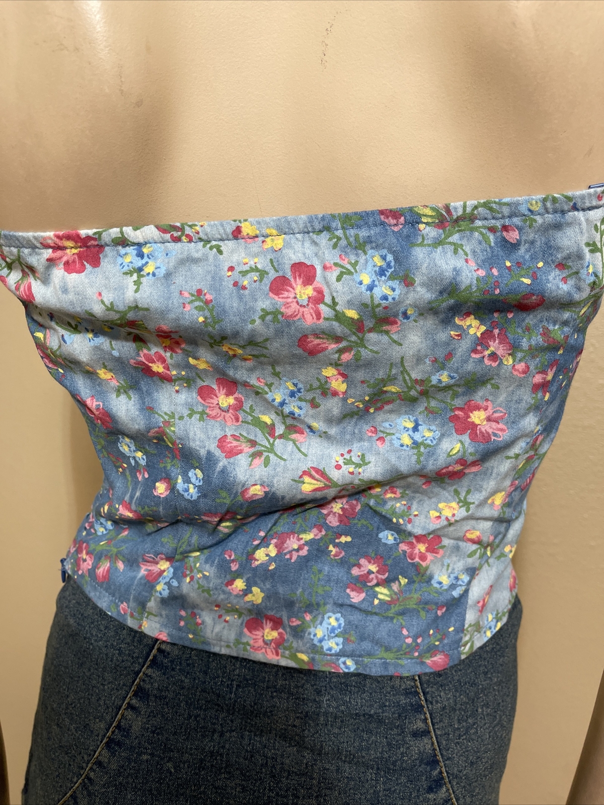 Women’s Blue Floral Denim Casual Summer Opened Ruffle Zipper Size M Blouse Top