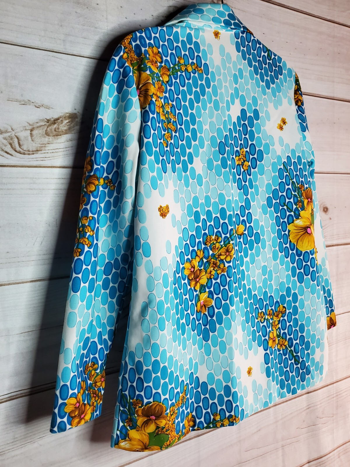 Vintage Hippie Shirt 60s 70s Polyester Flowers Boho Blue Retro Pointed Collar