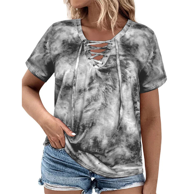 Lace Tie Dye T-shirt for Women 4X 5X Summer Breathable V-neck Short Sleeved Top