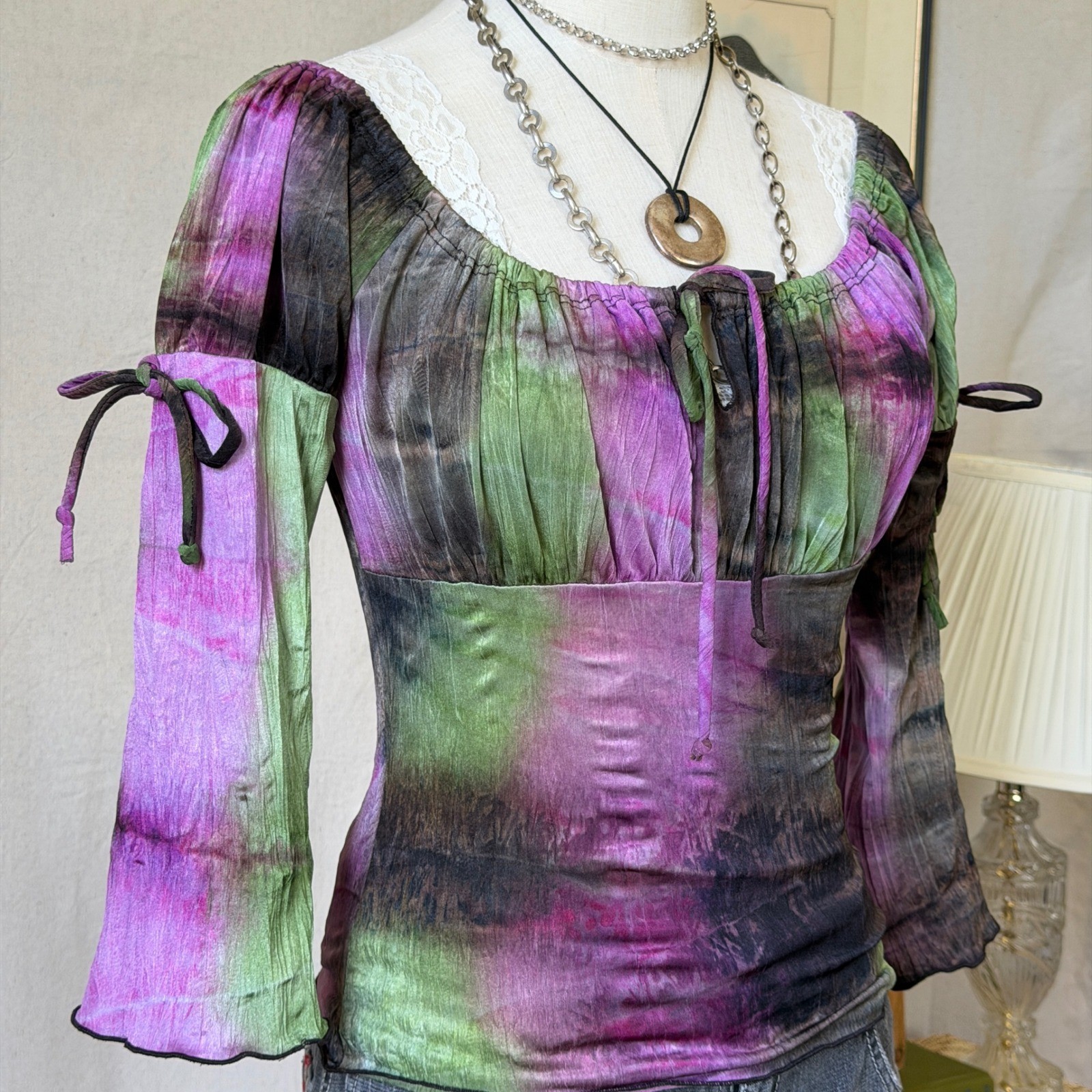 Purple Green Tie Dye Milkmaid Top Fairy Grunge Y2K Vintage Small