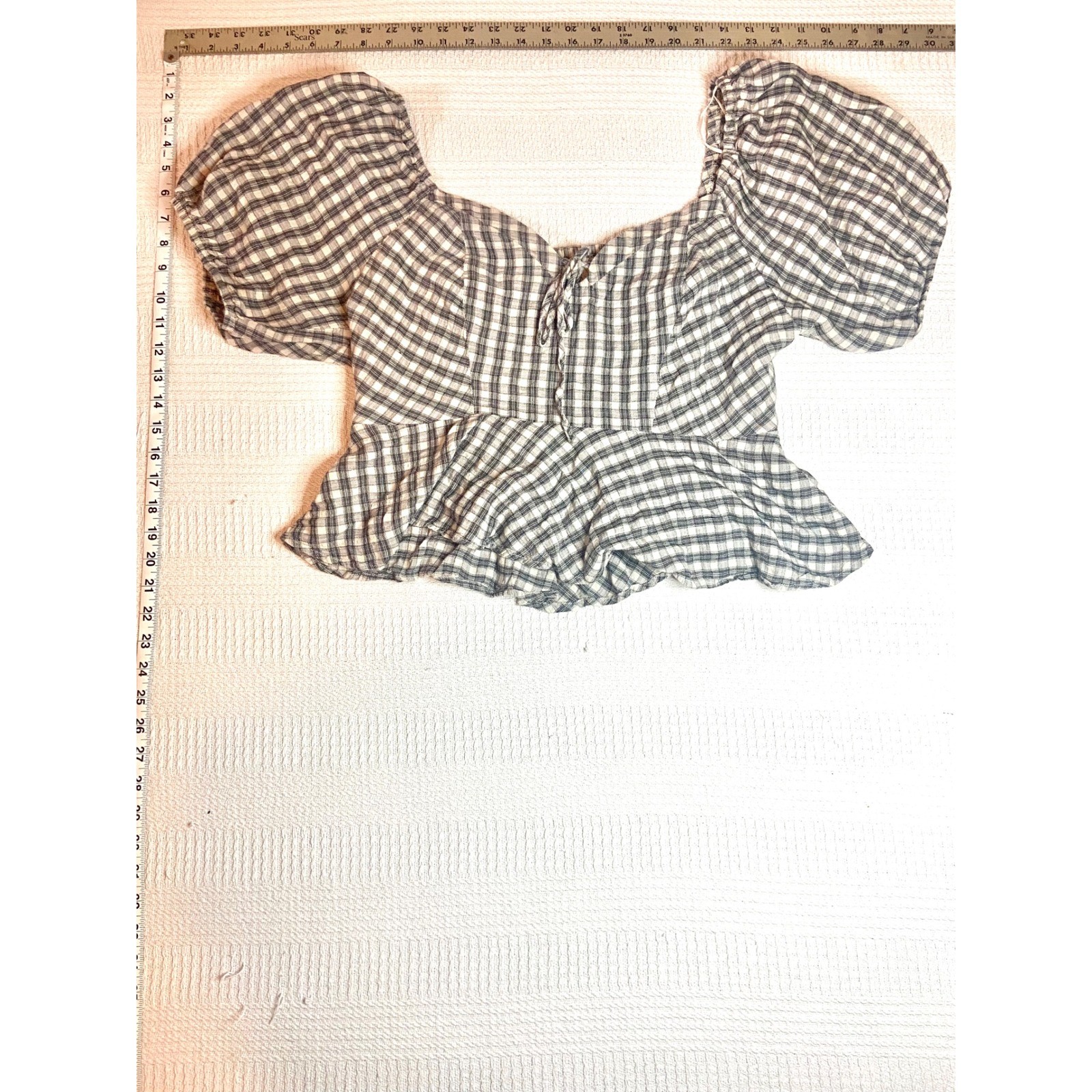 BP Gingham Puff Sleeve Folk Cottagecore Peplum Top