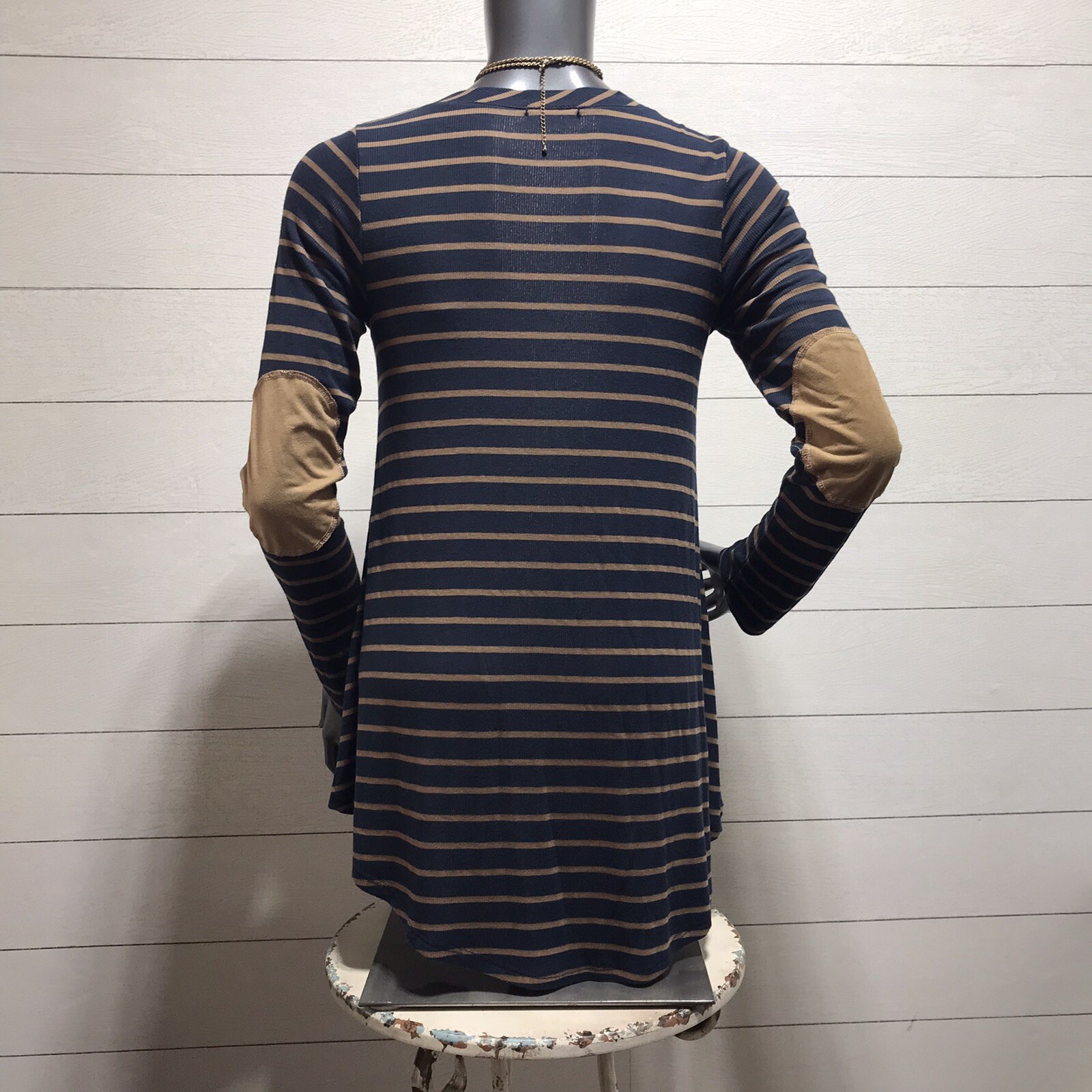 Apparel Love USA Size S Faux Suede Elbow Patch blue Brown Striped tunic