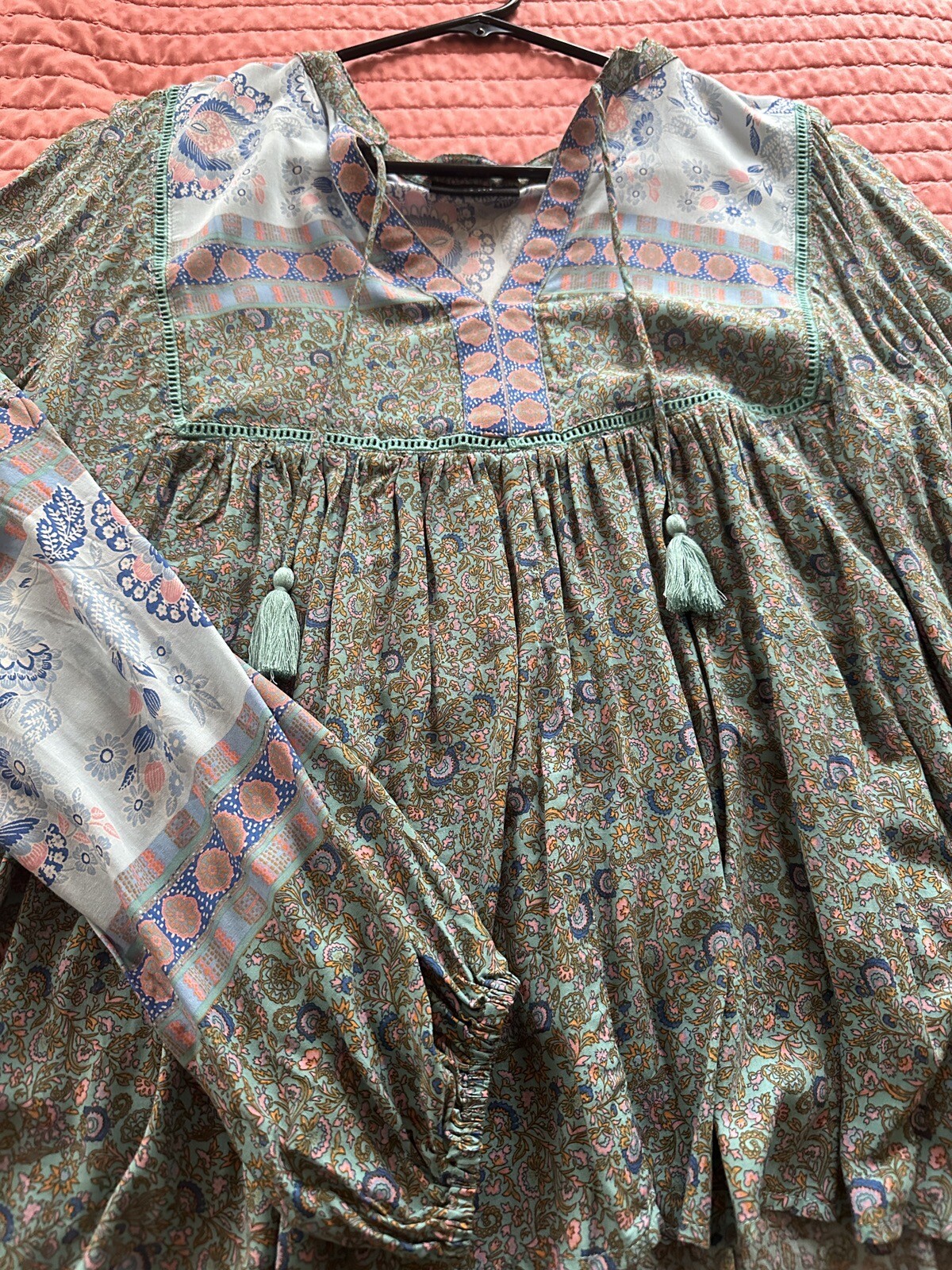 VICI Collection Blouse- Deep Water Floral Tassel Top New Without Tags