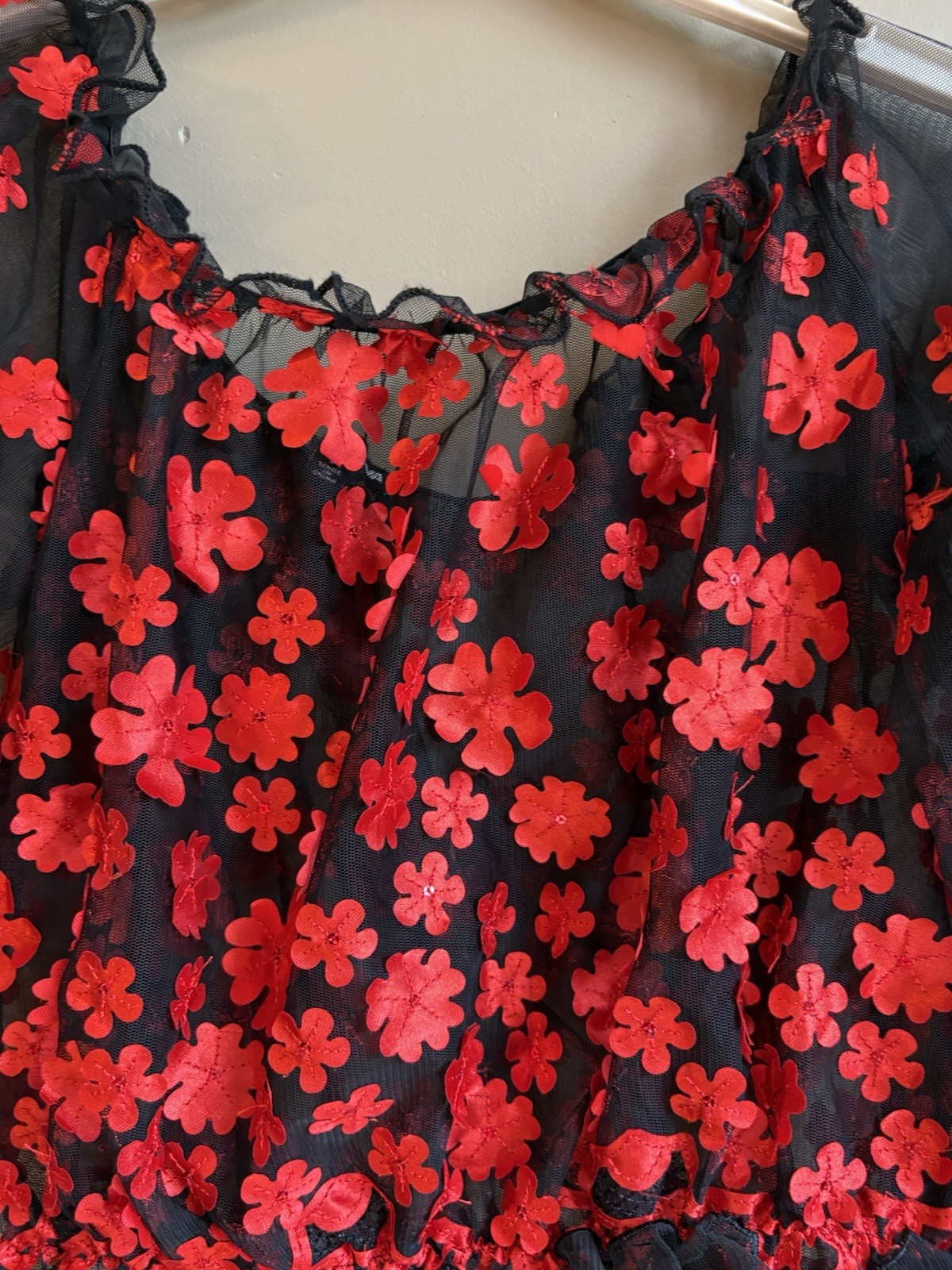 Fashion Nova Black Mesh Red Floral Applique Sheer Puff Sleeve Crop Top Small