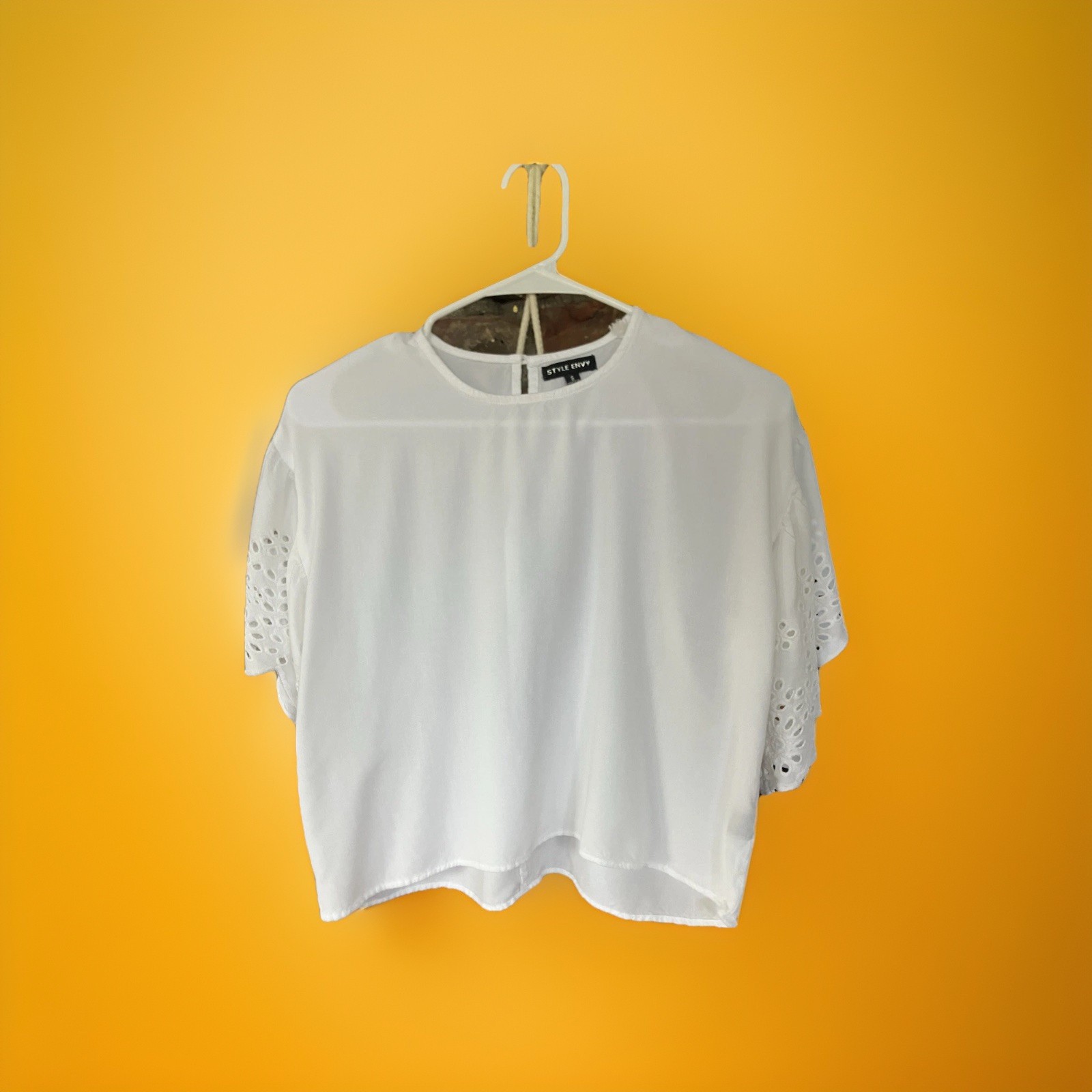 Style Envy White Boho Eyelet Scalloped Sleeve Blouse Rayon Crop Top