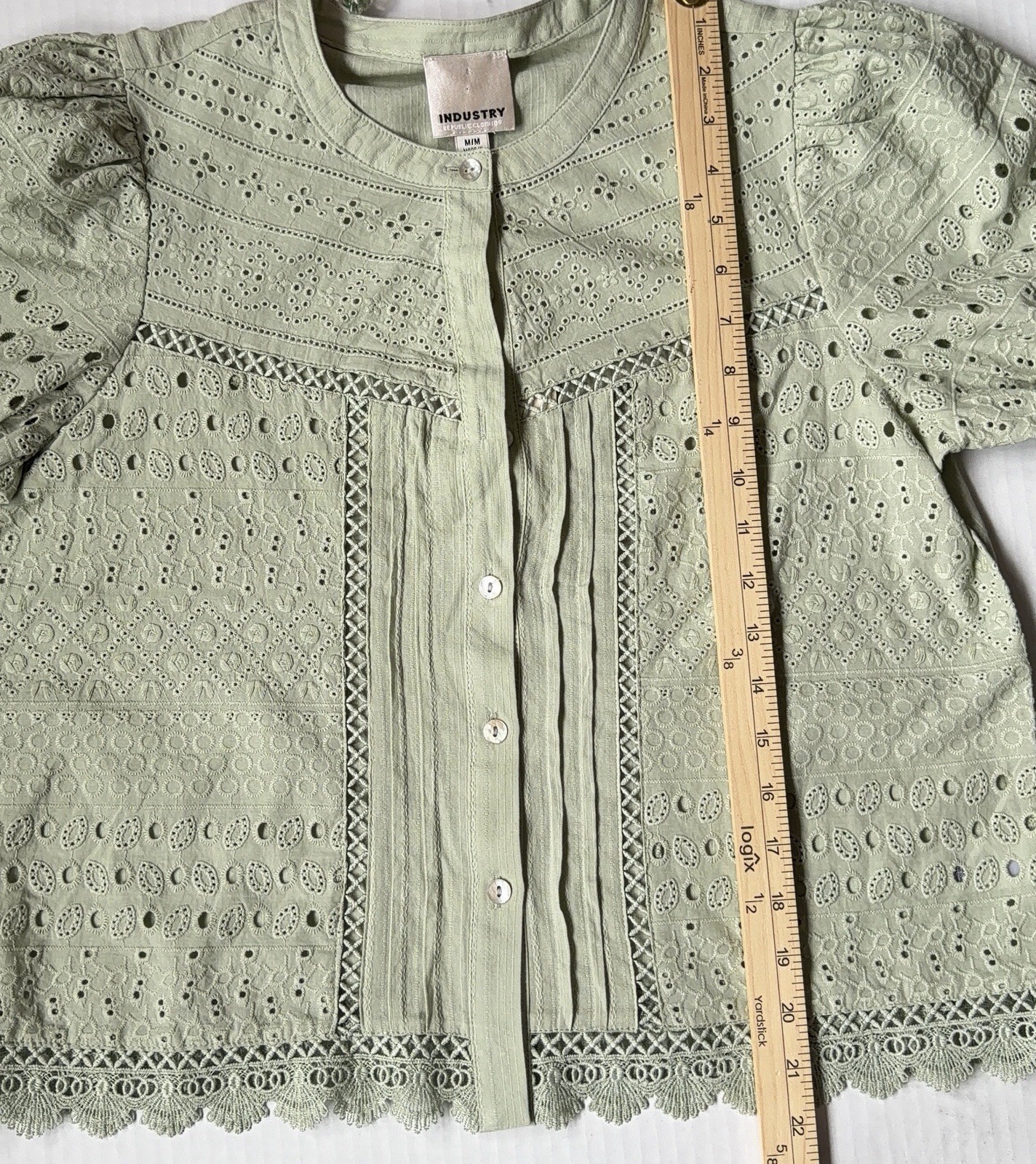 Industry Republic Clothing Embroidered Eyelet Puff Sleeve Button-Up Shirt Rust M
