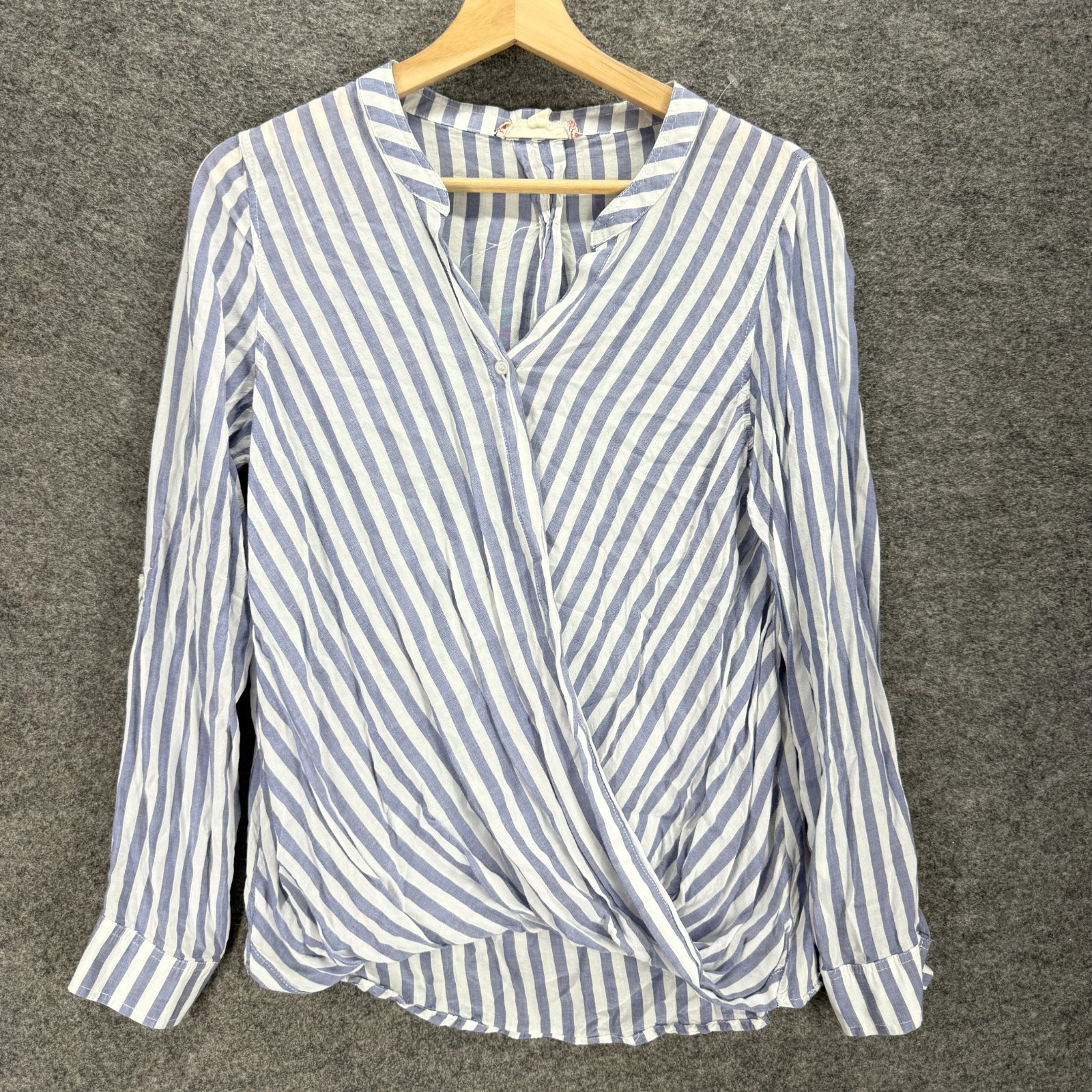 Pink Rose Blouse Women L Blue Striped V-Neck Long Sleeve Rayon Casual Top