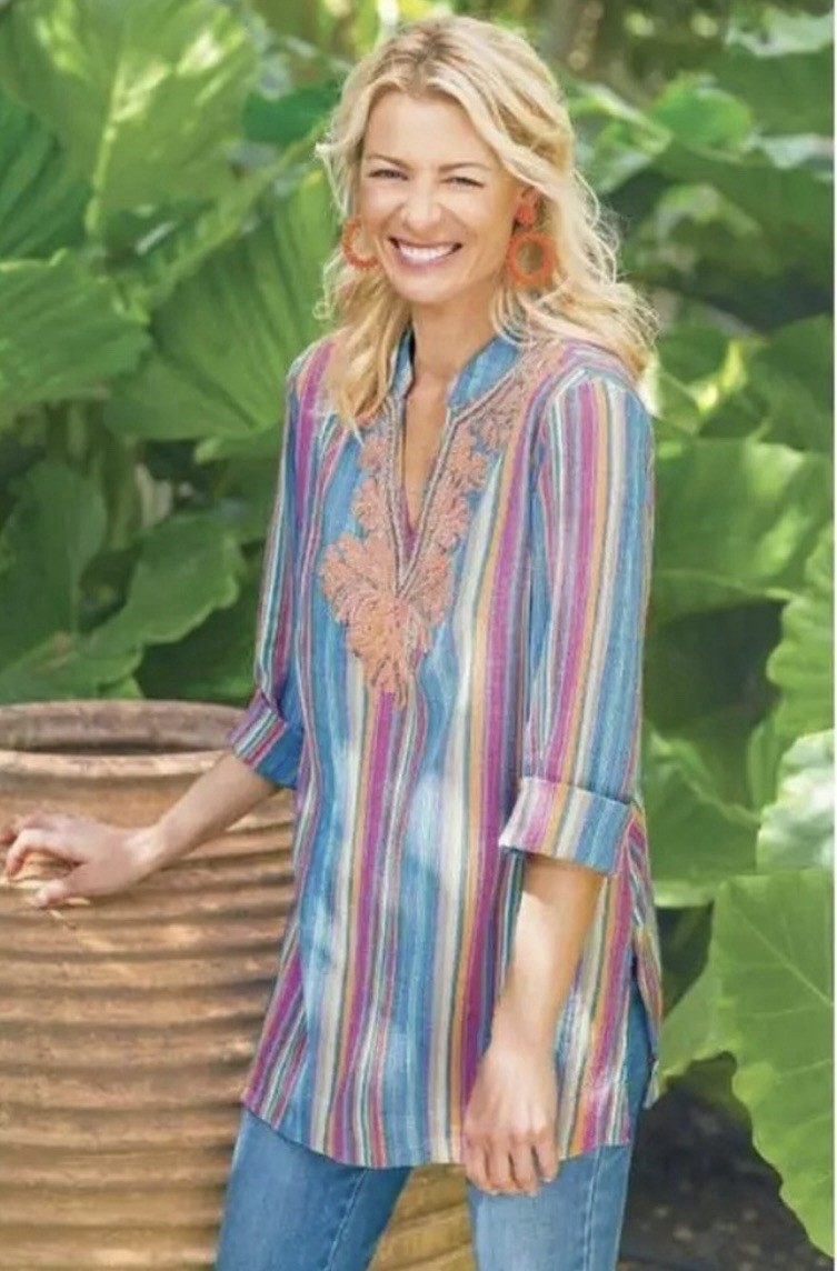 Soft Surroundings Tunic Top Embroidered Beaded Gauzy 100% Cotton Striped Gypsy L