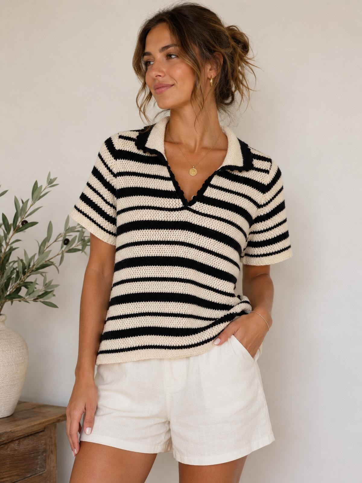 Black & Cream Striped Crochet Knit Polo Sweater Top Coastal Chic S