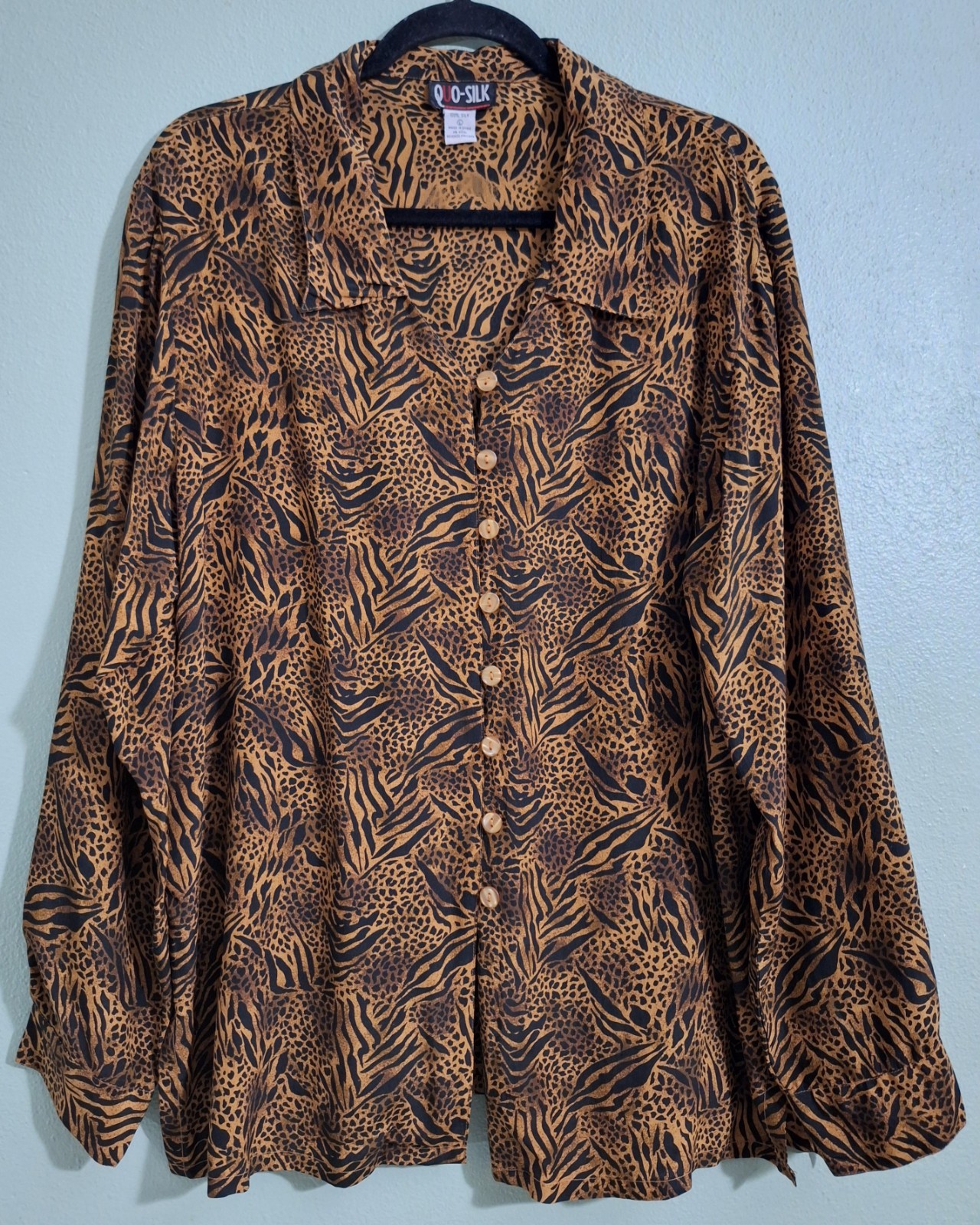 Quo Silk 100% Silk Animal Print Blouse Women L Leopard Zebra Retro Maximalist