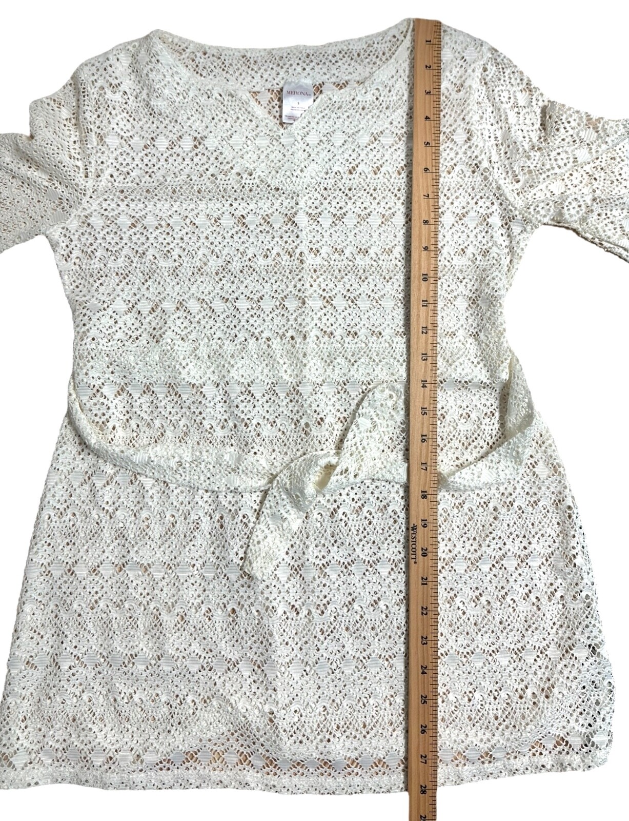 MERONA Women’s Belted Crochet Top Half Sleeve Sheer Size S Off-White