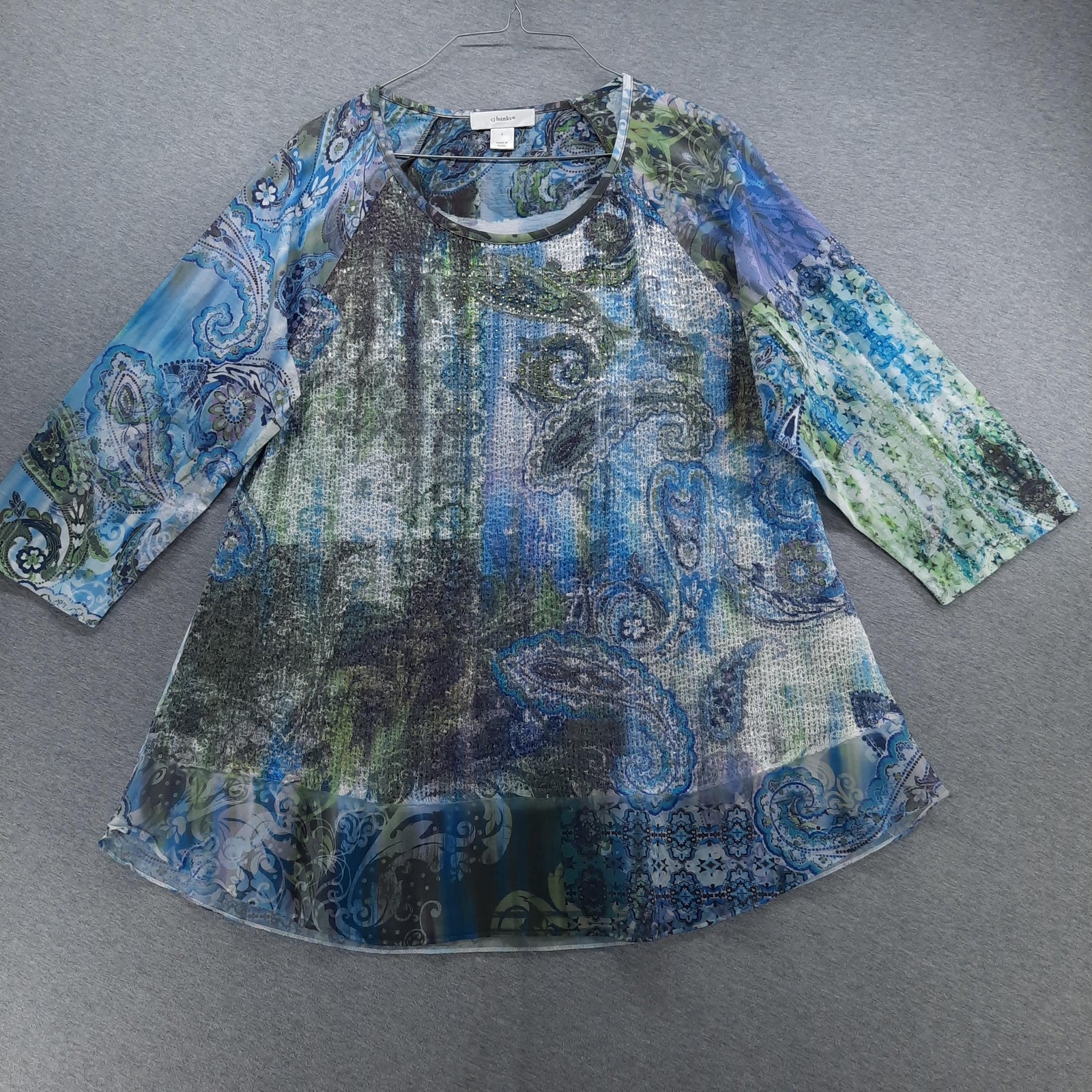 CJ Banks Blouse Womens X 14W Blue Green Paisley Sequin Scoop Neck Tunic Top