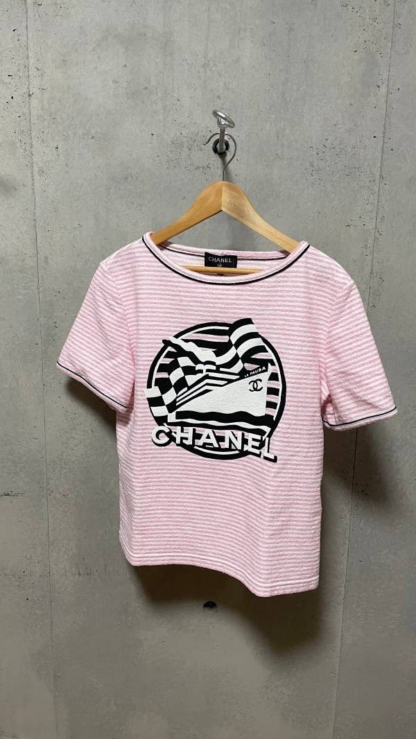 CHANEL 19C Pink and white La Pausa Top T-Shirts Karl Lagerfeld Size 36 Striped