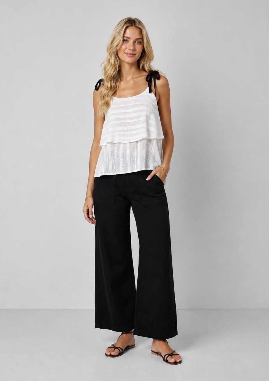 ELODIE Layered Cami Top XL L? Pearl White Black Ribbon Tie Feminine Party Summer