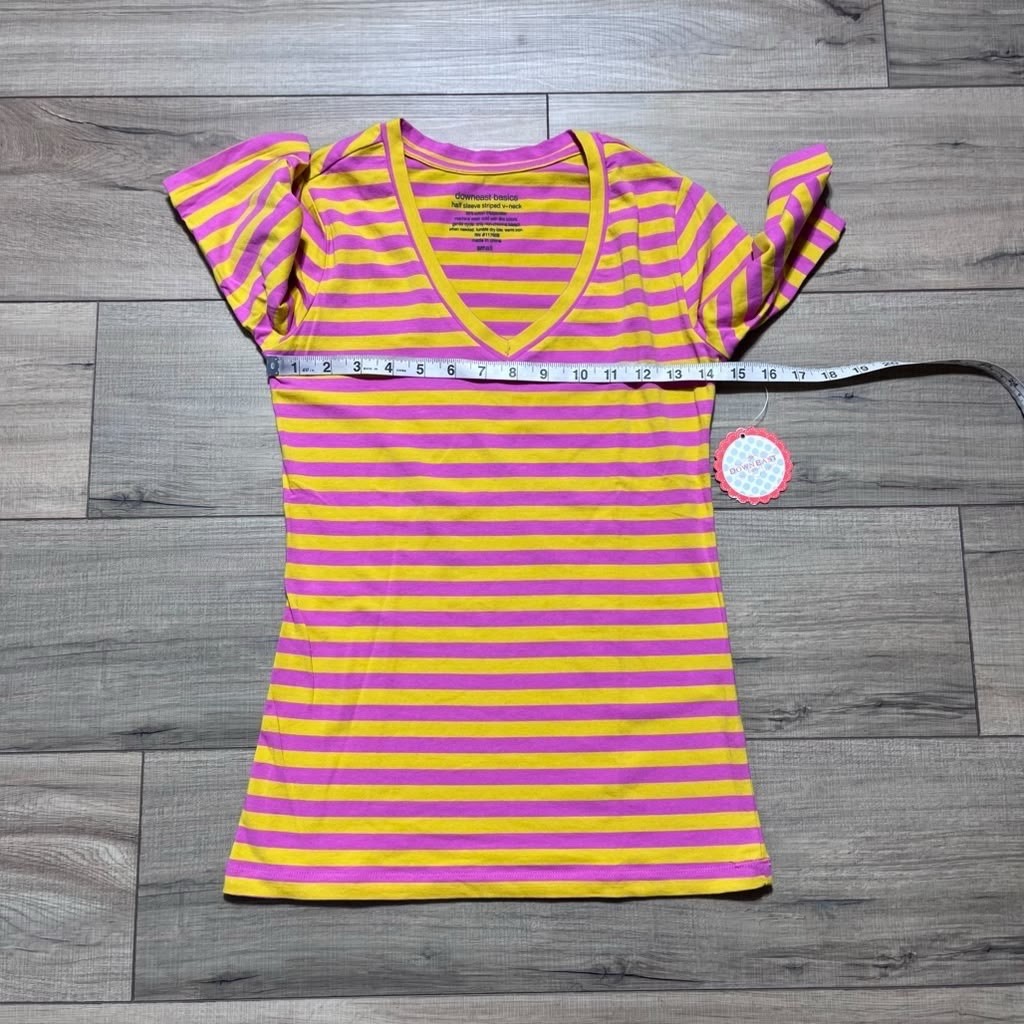 Downeast Basics Womens Half Sleeve Striped V-Neck Top Size Small Yellow Pink