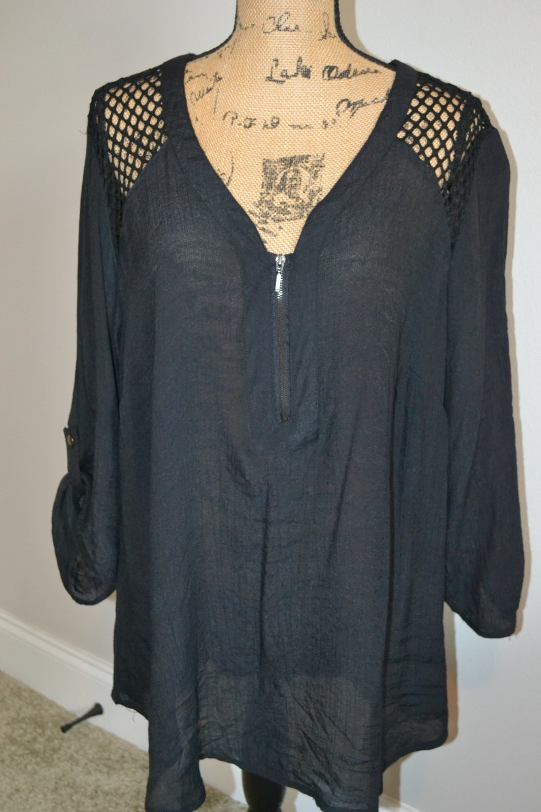 Unique Spectrum Solid Black Top with Lace Inserts & 1/2 Zip Front – 2X