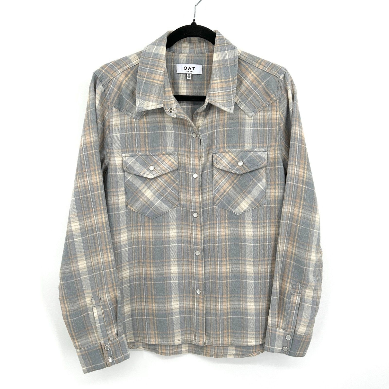 OAT New York Women’s Gray Tan Plaid Flannel Pearl Snap Button Up Shirt Medium
