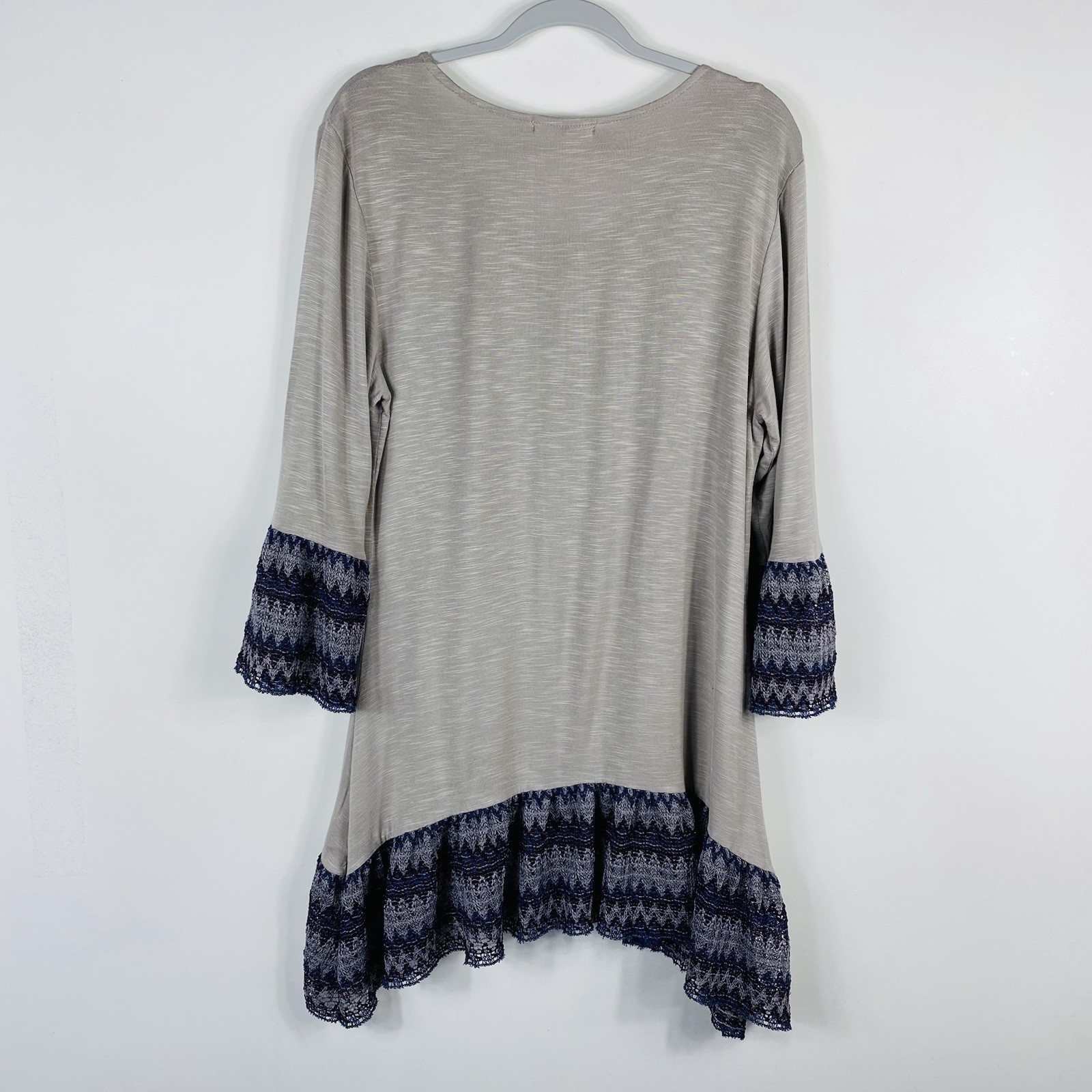 Indigo Soul Top Medium Tunic Boho Casual Taupe Crochet Trim