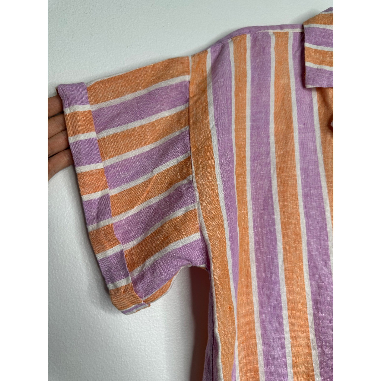 Loft Beach Linen Button up Shirt Size L Orange Purple Striped Short Sleeve Boxy
