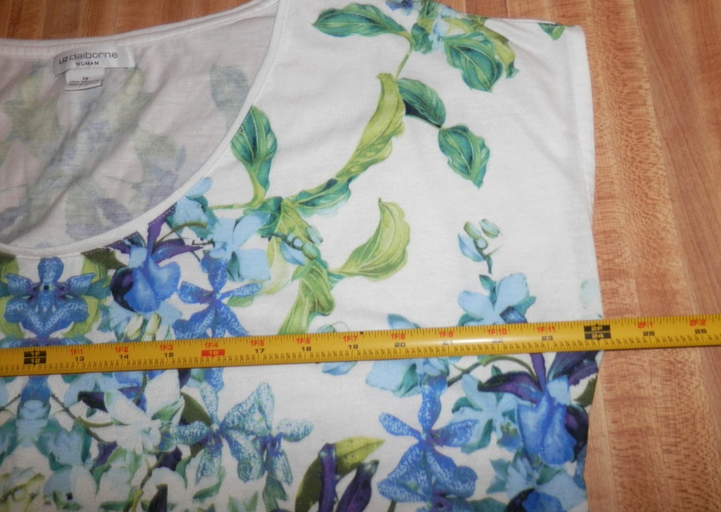 Liz Claiborne Sleeveless Cotton Knit Top sz. 1X White/Blue.Green Tropical Print