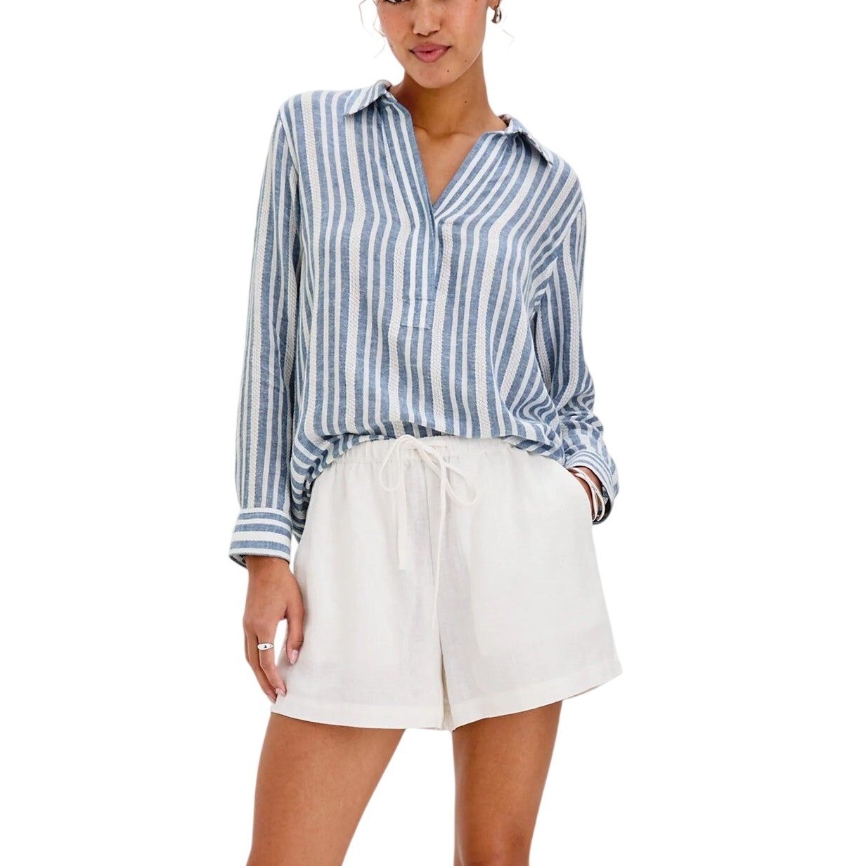 Rails Lagoon Jalisco Stripe Blue White Linen Blend V-Neck Top L Coastal Beach