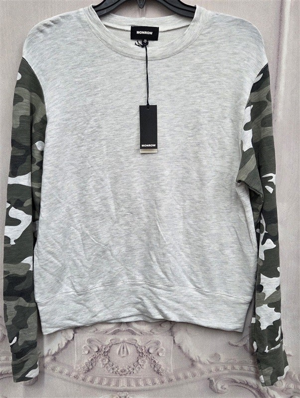 NWT Monrow XS Sweatshirt T Shirt Grey Camo Long Sleeve Slub 130377
