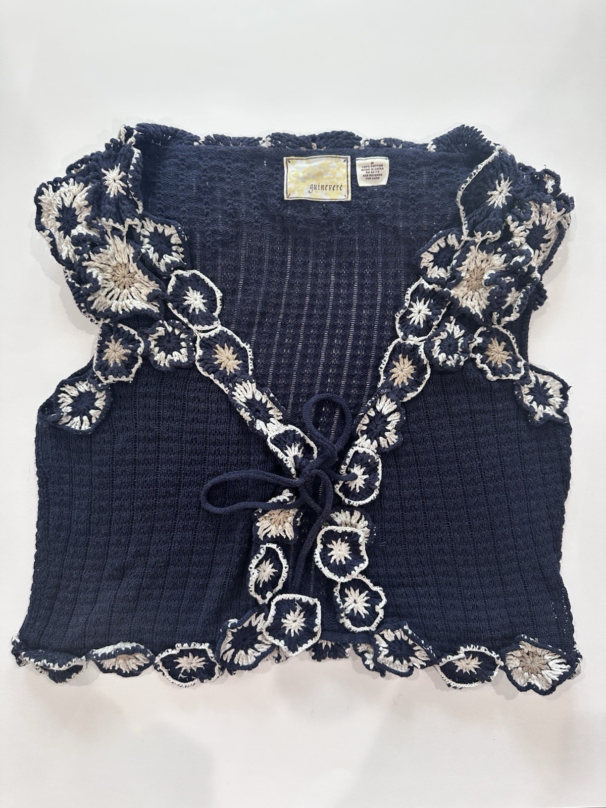 Anthropologie Guinevere Blue Cotton Knit Crochet Floral Tie-Front Sleeveless
