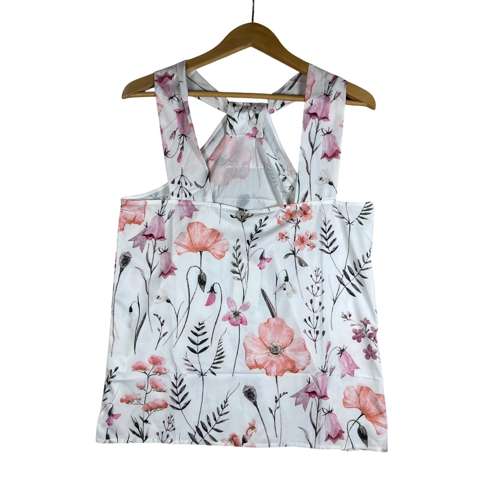 BOHO Floral M Sleeveless Top Women’s White Pink Casual Summer Tank Blouse Flowy