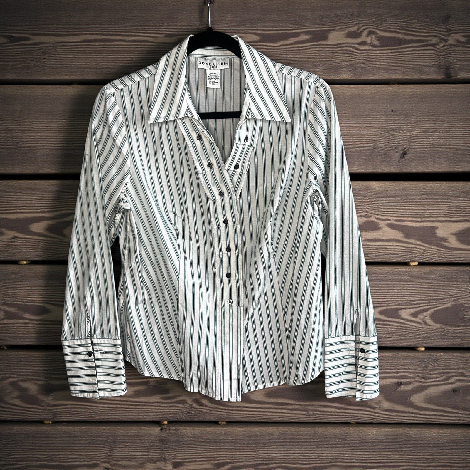 Doncaster Gray White Striped Pleated Placket Silk Blend Blouse Shirt Size 14