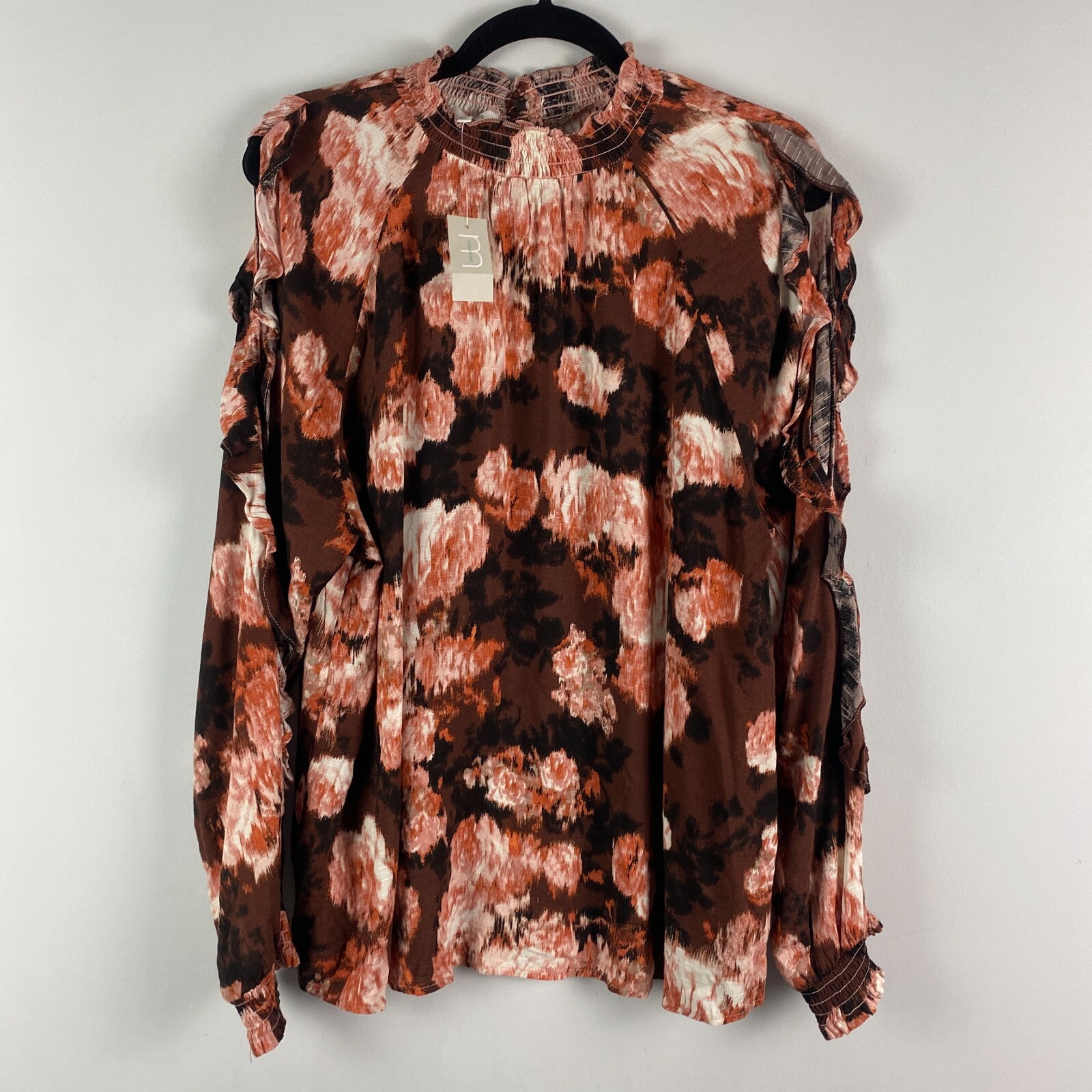 Maurices Brown Floral Blouse Size XL Smocked Neck Ruffle Slit Sleeve