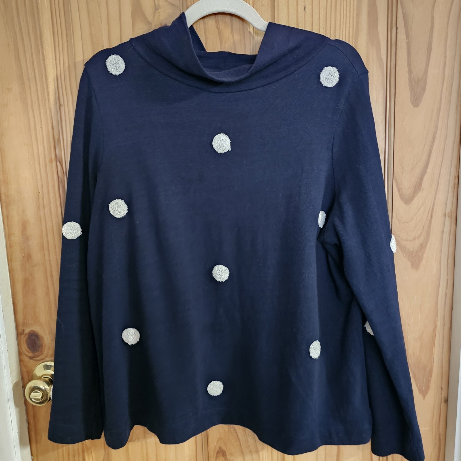 Loft Polka Dot Mock Neck Pullover Shirt Women Large+ Blue White Long Sleeve Knit