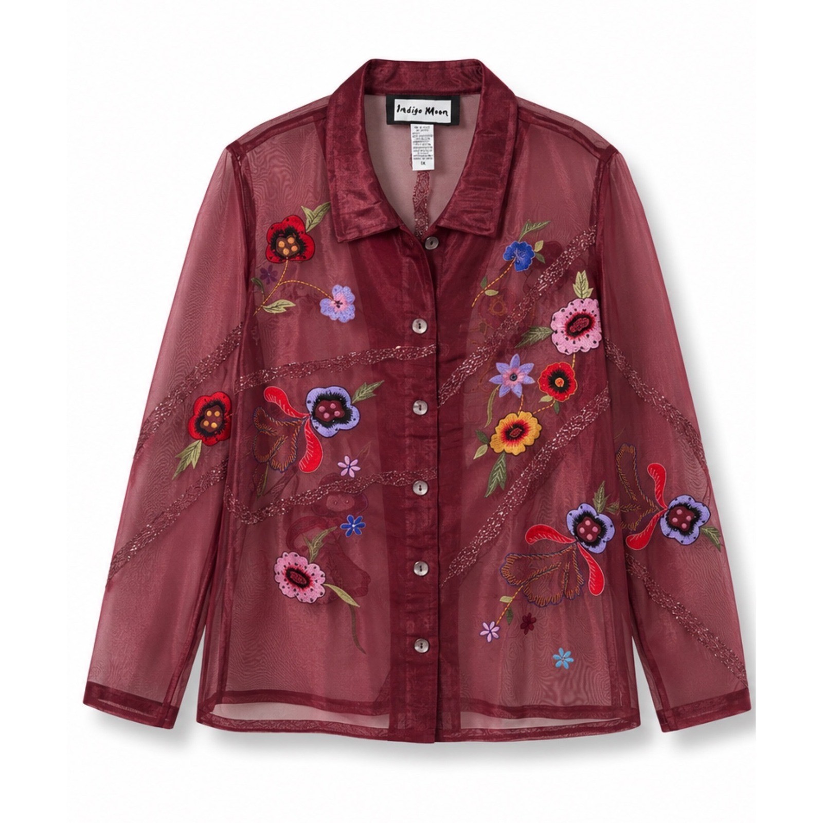 Indigo Moon Burgundy Embroidered Floral Sheer Organza Mesh Boho Blouse 1X