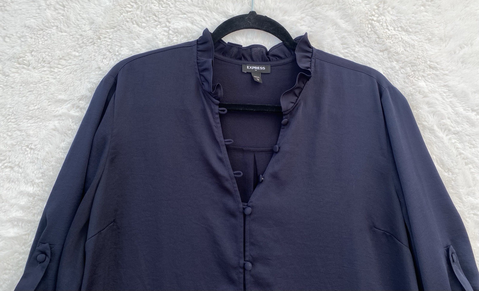 Express Womens Navy Ruffle Neck Top Size XL Button Front Roll Tab Sleeves