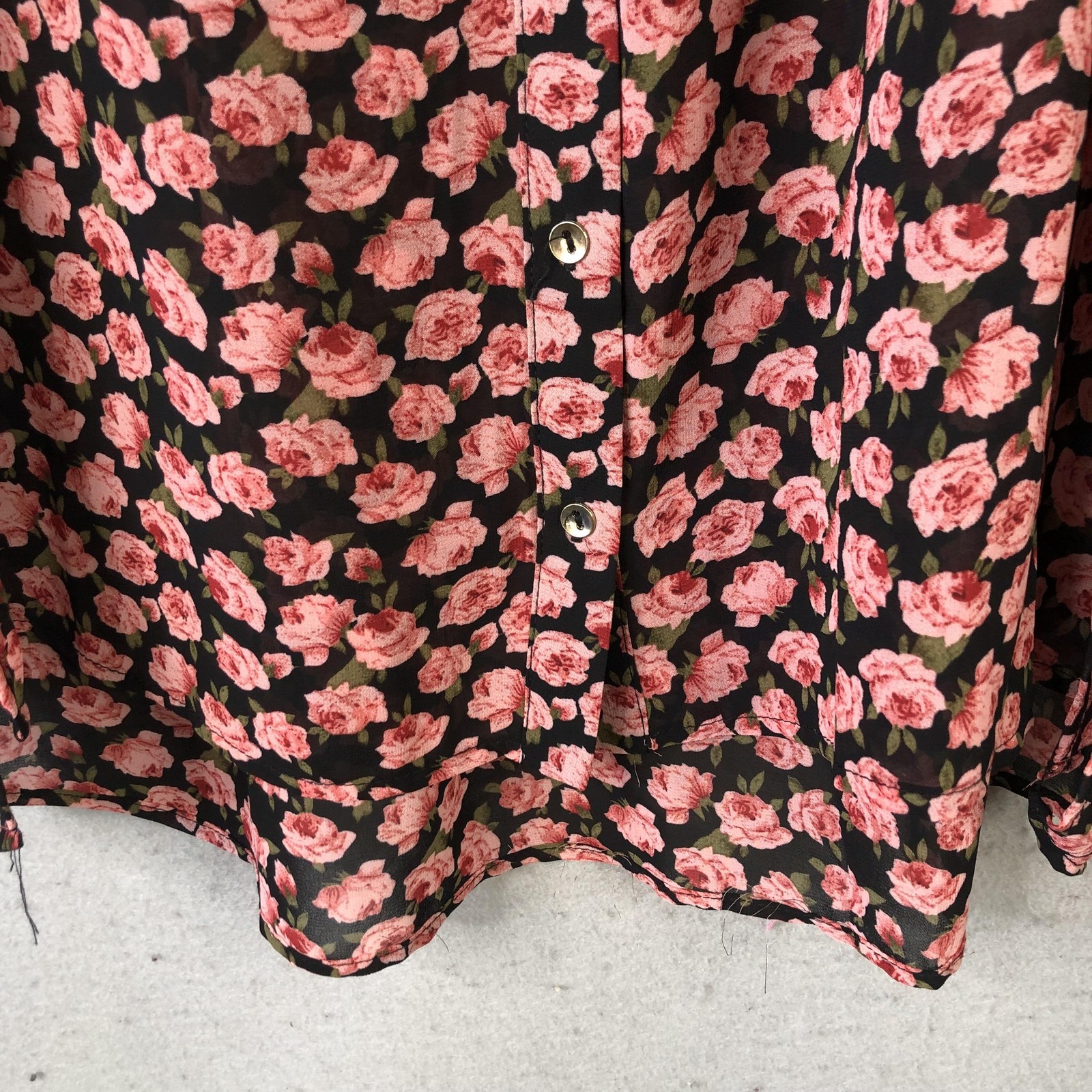 Feminine top Womens S Black Rose Dark Floral Button Front Sheer Ruffle Cottage