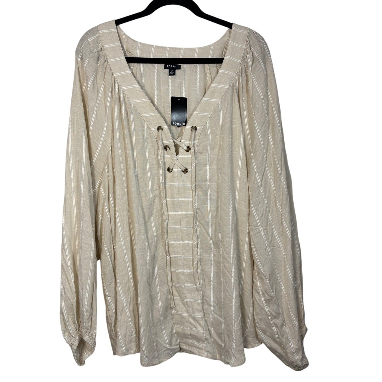 TORRID Beige Stripe Crosshatch Linen Lace Up Peasant Blouse Plus Size 2X NEW