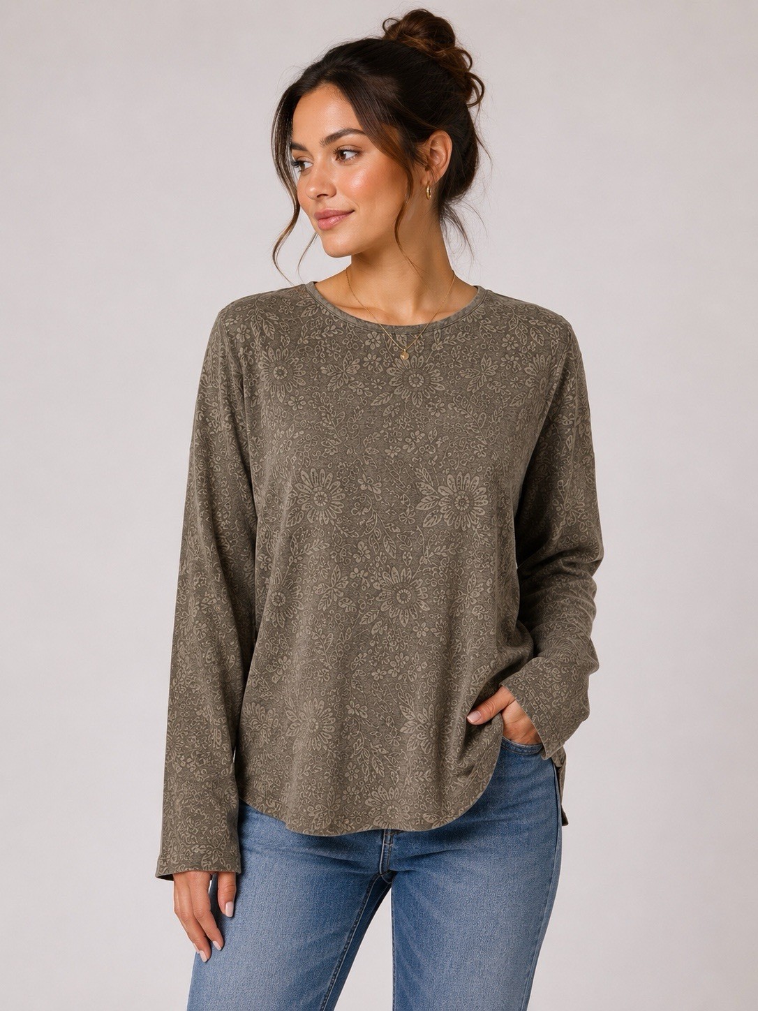 Rafaela Top Small Brown Silk Floral Embossed Long Sleeve Vintage Chic