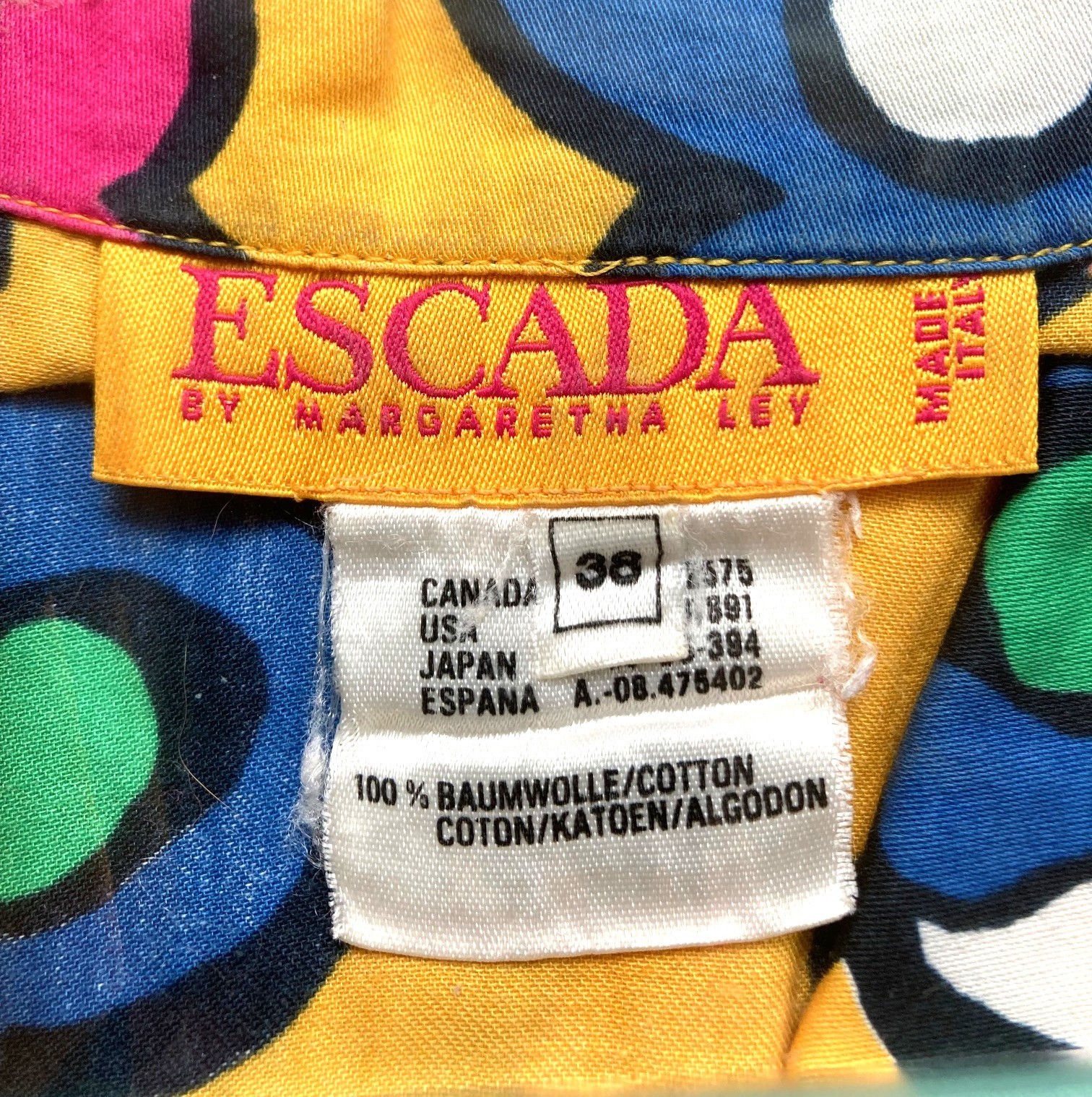 Escada Vintage 80s Shirt 38 M Yellow SS Cotton Button Up Haring Inspired Art Hoe